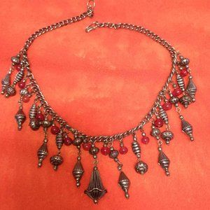 Vintage necklace from the 1970s Рewter and garnet beads 16" L